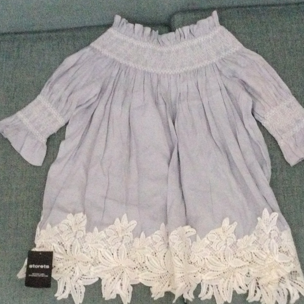 NWT Storets off the shoulder Lauren Blossom top S/M bluish gray lace bot…